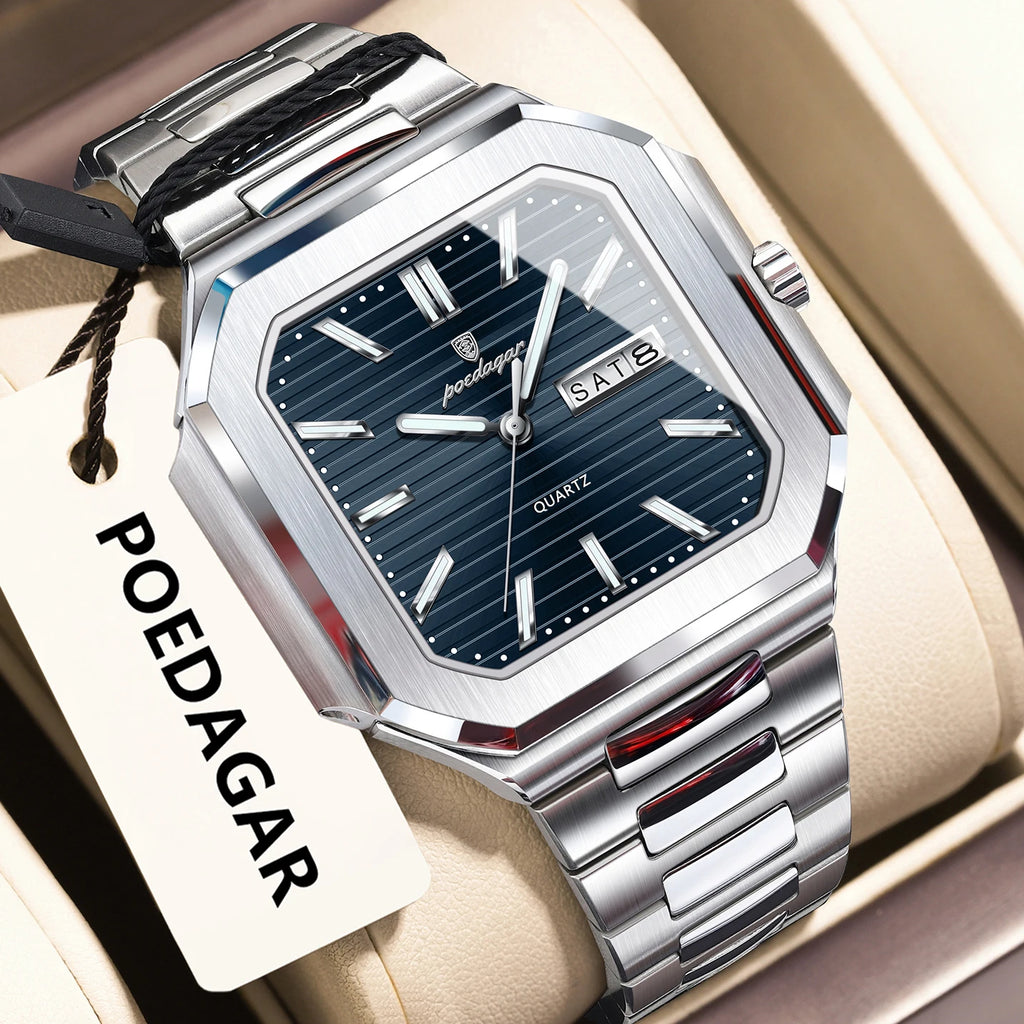 POEDAGAR Reloj de Pulsera Cuadrado de Moda para Hombre, Impermeable, Luminoso, Fecha, Semana, Cuarzo, para Hombre, Reloj de Lujo de Acero Inoxidable para Hombre, Reloj