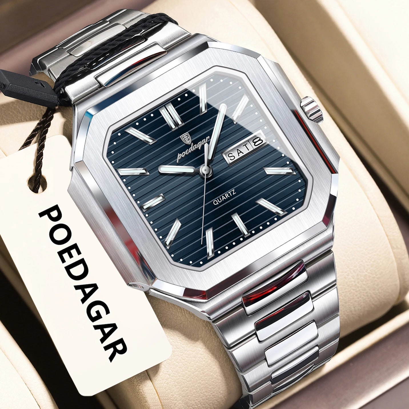 POEDAGAR Reloj de Pulsera Cuadrado de Moda para Hombre, Impermeable, Luminoso, Fecha, Semana, Cuarzo, para Hombre, Reloj de Lujo de Acero Inoxidable para Hombre, Reloj