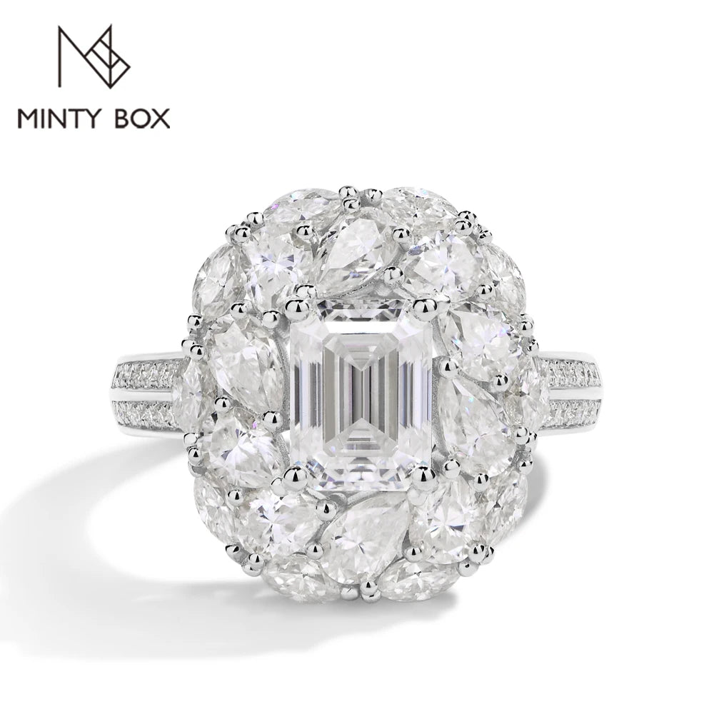MINTYBOX Anillo de compromiso de talla esmeralda con halo y diseño de flor de 2,0 ct, diamante creado en laboratorio, plata S925, anillos de moissanita para mujer, chapado en oro de 18 quilates