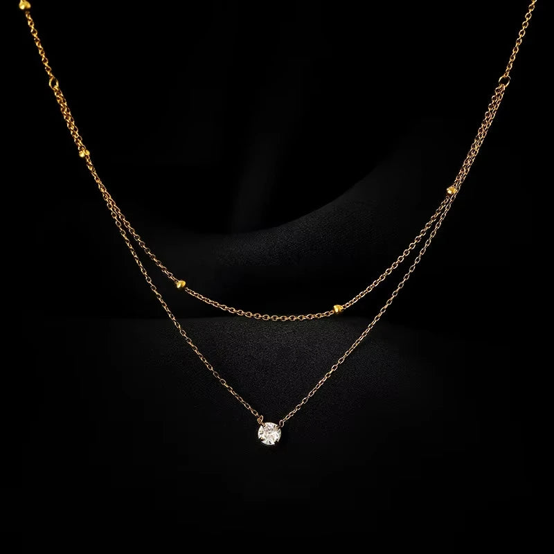 Stainless Steel Light Luxury Charm White Round Zircon Pendant Double layer Necklace Lady Classic Neck Chain Jewelry
