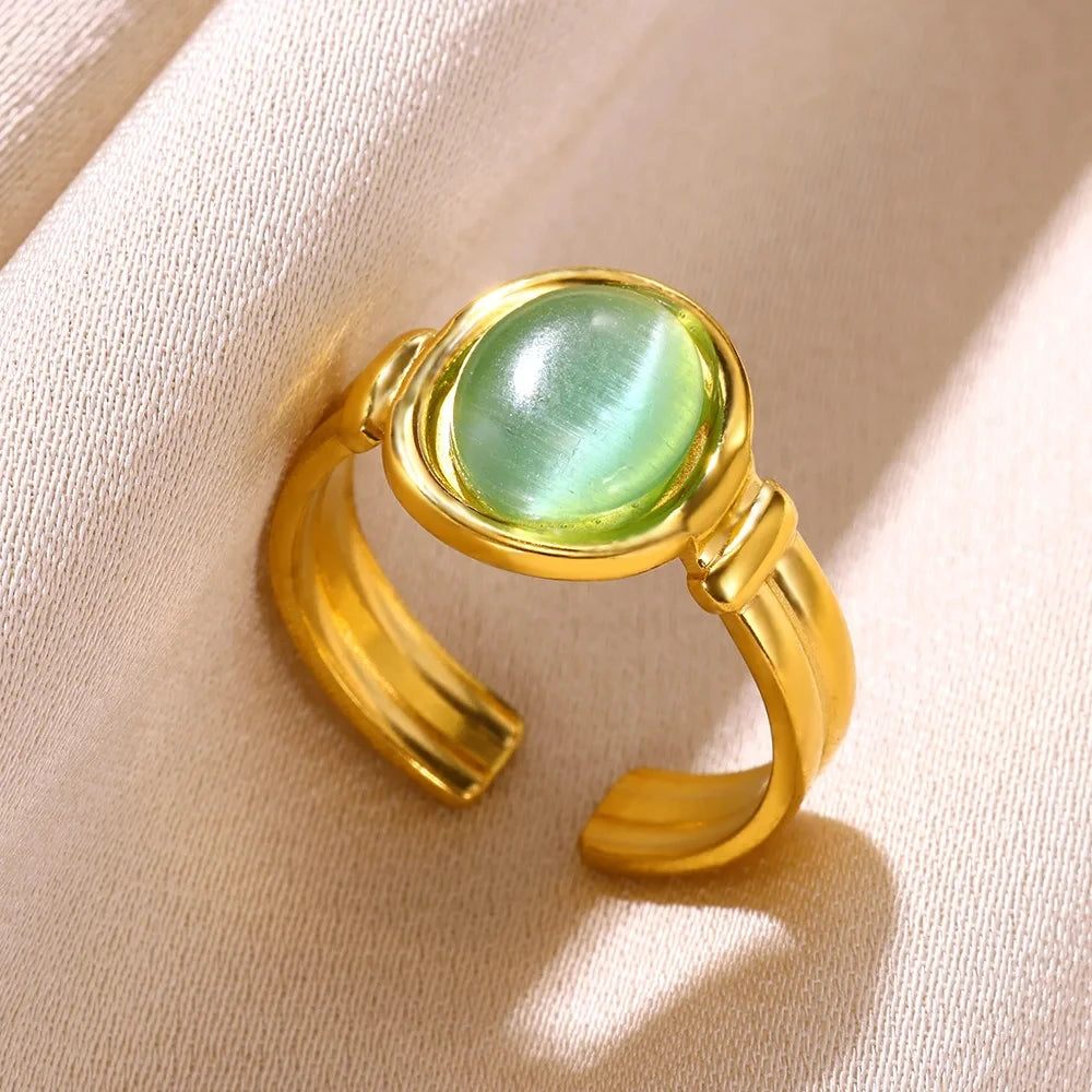 Vintage Ovale Opalringe für Damen Goldfarben Edelstahl Verstellbar Naturstein Verstellbarer Ring Ästhetischer Hochzeitsschmuck