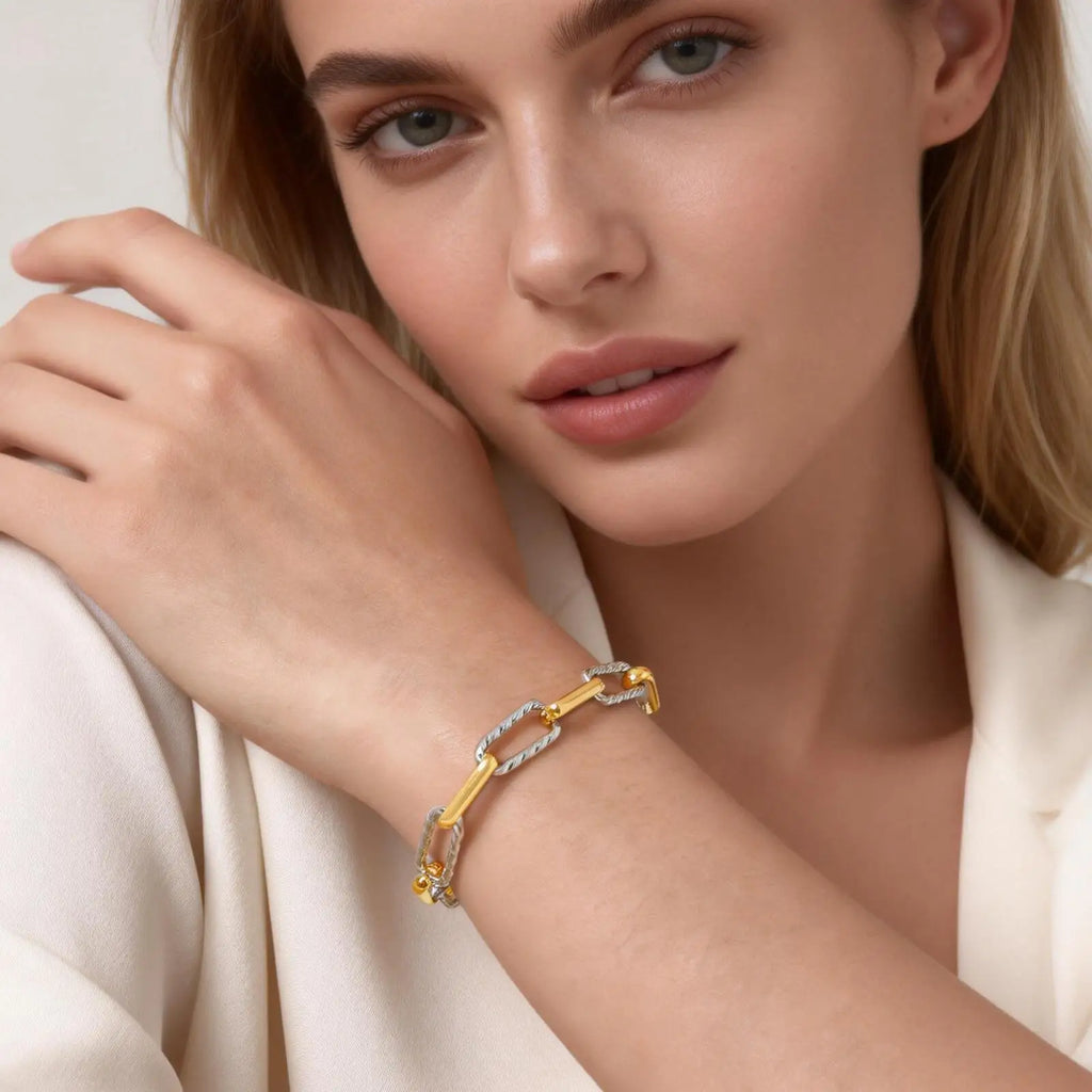 Zweifarbige Twist-Glieder-Paperclip-Armband für Damen, klobiges Edelstahl-Armband mit verstellbaren Gliedern, 18 Karat vergoldeter Schmuck
