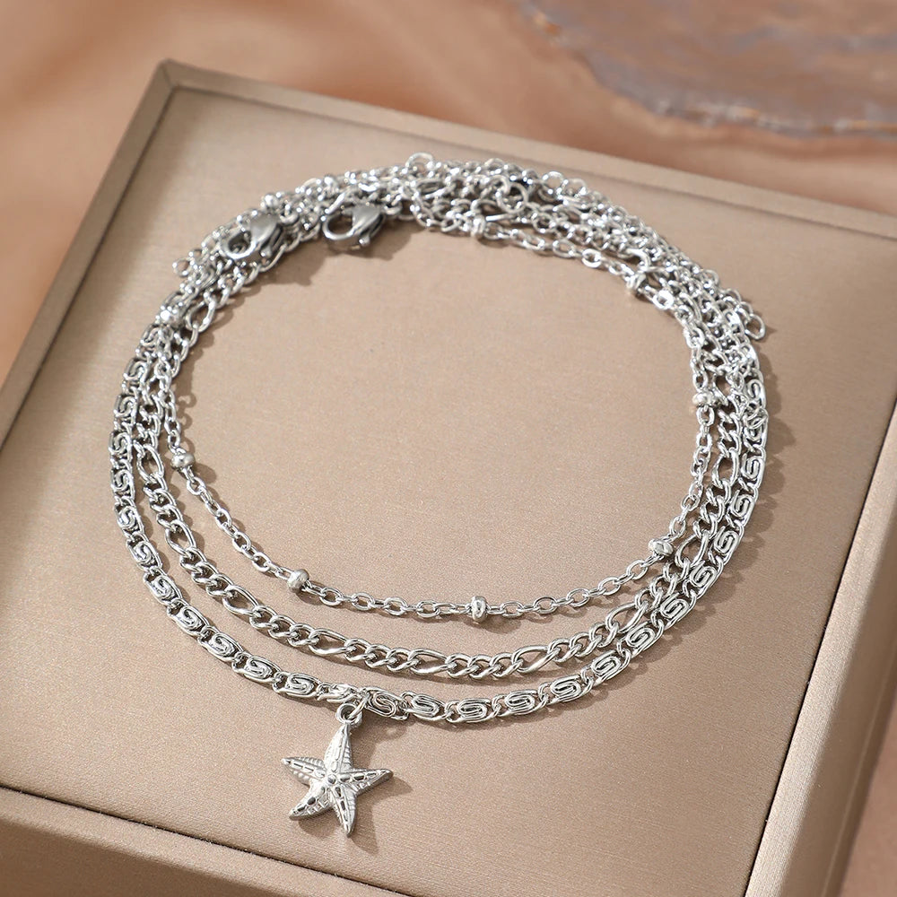 woiwoi Stainless Steel Anklet Starfish Triple Stacking Chain Light Luxury Fashion Elegant Ladies Anklet Jewelry Party  Match