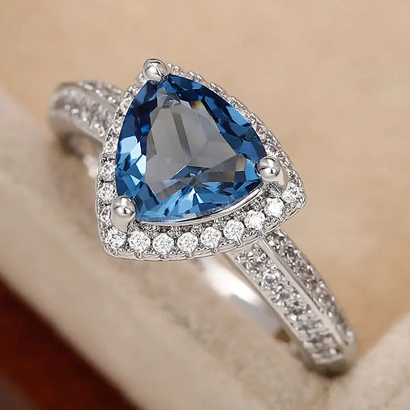 Anillos de triángulo de plata de ley 925 con circonitas azules oscuras de lujo para mujer, joyería de moda clásica para compromiso, boda, regalo de aniversario
