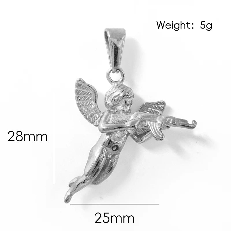 Collar con colgante de ángel 3D con pistola para hombre - chapado en oro de 18 quilates y cadena de cuerda de acero 316L, regalo de joyería gótica hip hop, "La venganza de Cupido"