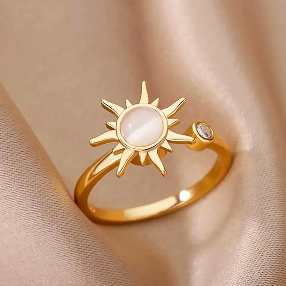 Zirkon Blumenringe für Frauen Goldfarbene Doppelte Blume Verstellbarer Edelstahlring Hochzeit Party Weihnachtsgeschenk Schmuck