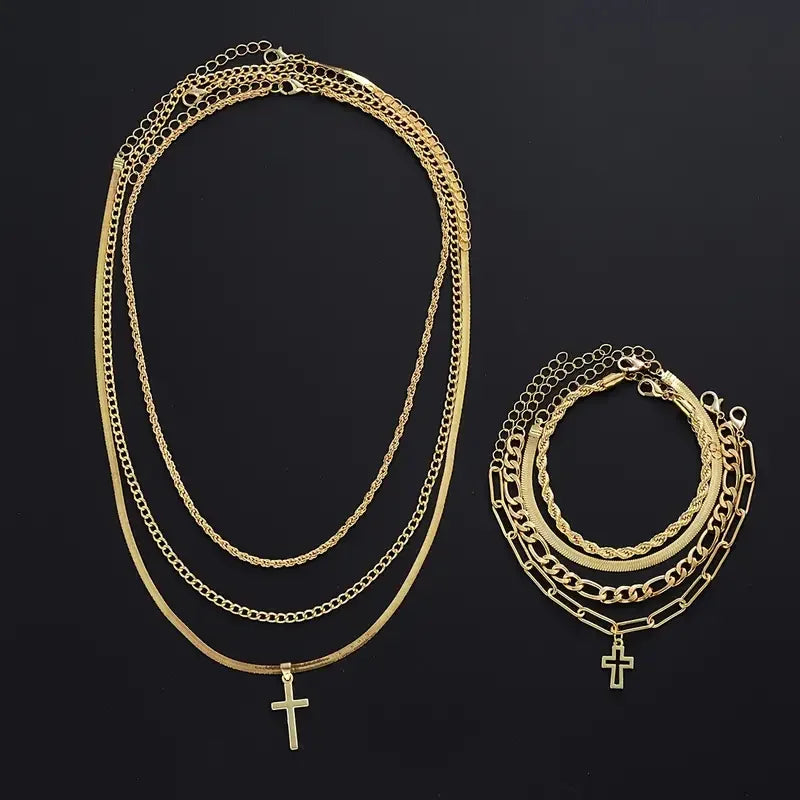 7-teiliges elegantes minimalistisches Kreuzanhänger-Schmuckset aus Edelstahl für Herren – Halskette und Armband für den Alltag