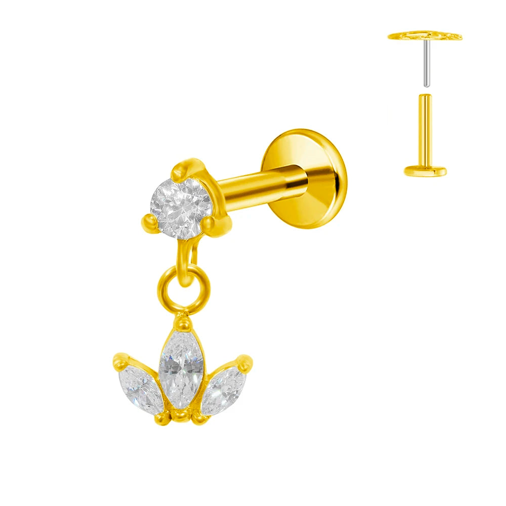 Pendiente de cartílago sin rosca con colgante de luna y estrella de titanio G23 para piercing labret con cono puntiagudo
