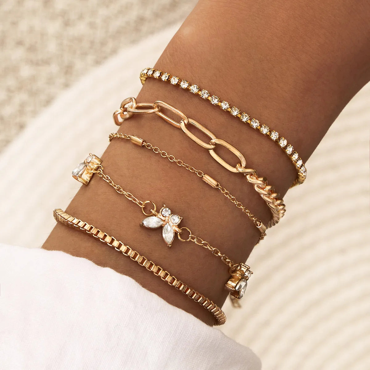Böhmisches silberfarbenes geometrisches Gliederarmband-Set für Damen, Kristallblatt-offener Armreif, weiblicher Boho-Schmuck-Accessoire
