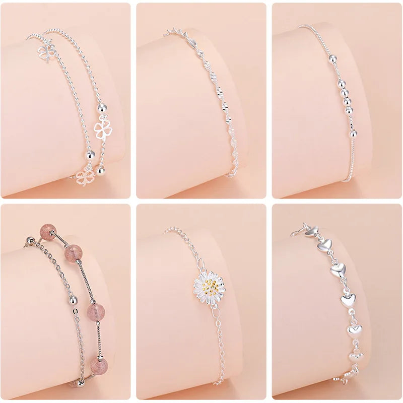 925 Sterling Silber Glücksperlen-Charm-Armbänder für Damen, Paar-Ketten, runde Armreifen, Luxus-Schmuckzubehör, Großhandel