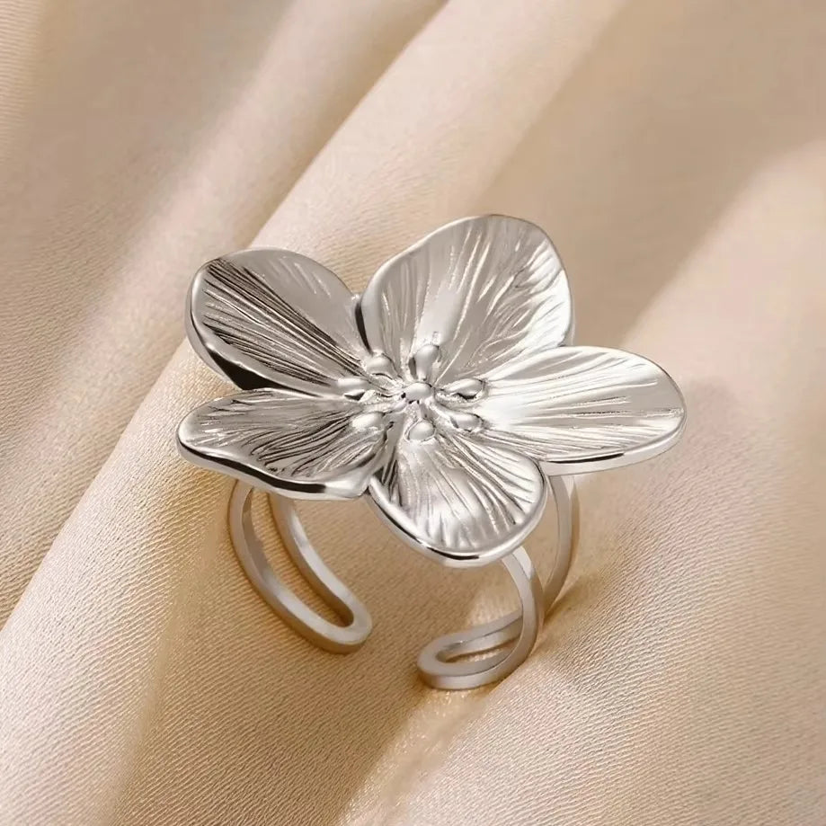 Bunte Zirkon-Doppelblumenringe für Damen, vergoldeter Edelstahl, Blumenöffnungsring, Hochzeit, ästhetischer Schmuck, Geschenk 2023