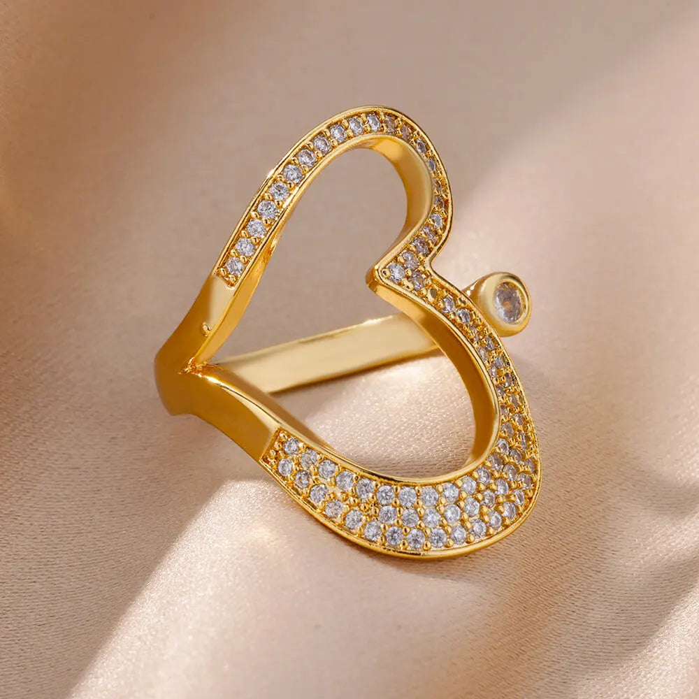 Edelstahl Herzringe für Frauen, goldfarben, CZ Kristall Zirkon, offener Fingerring, Hochzeit, ästhetischer Schmuck, Geschenk, anillos