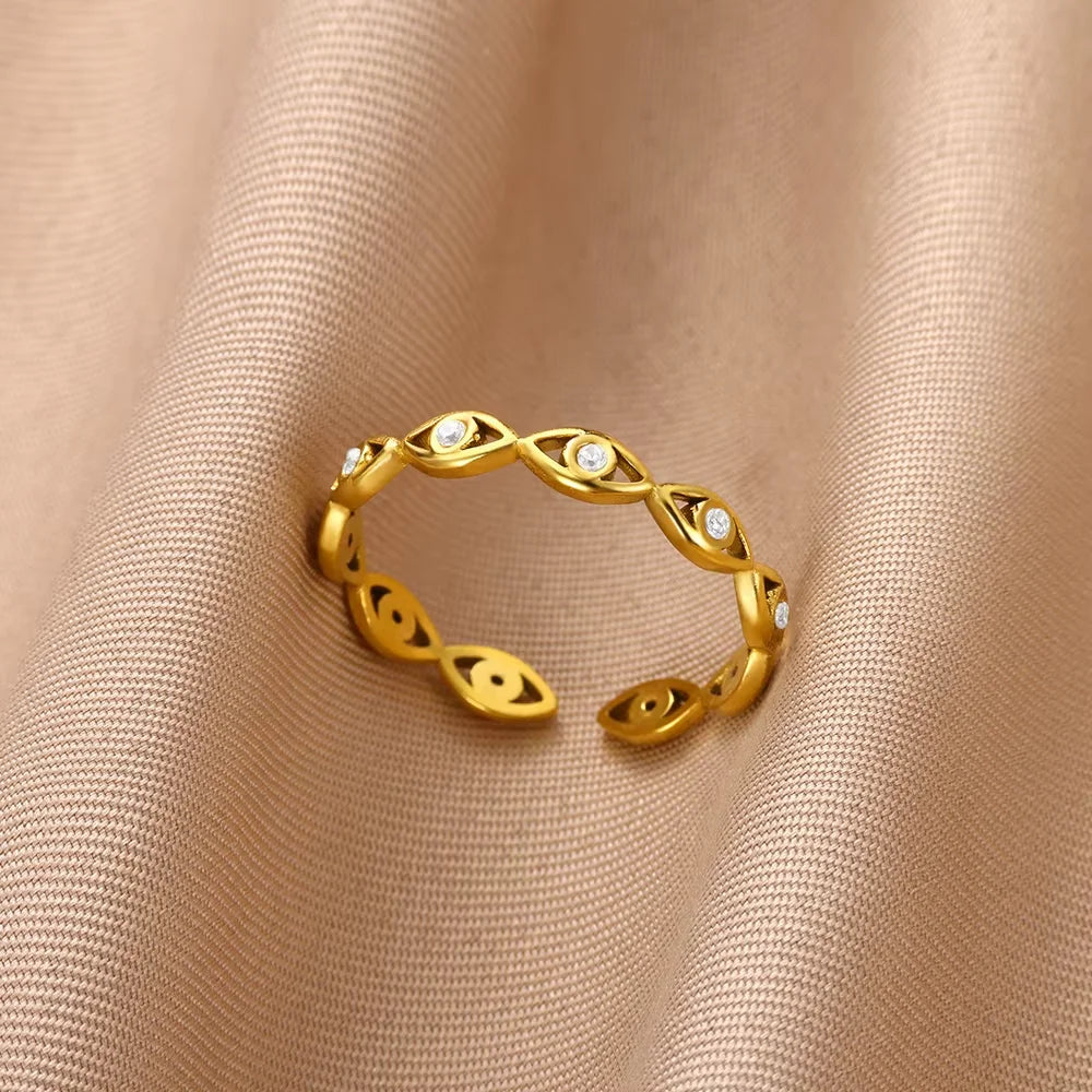 Edelstahl-Blumen-offene Ringe für Frauen Trend Hochzeit Herz Schmuck Goldfarbe Geometrischer hohler Ring Täglicher Accessoires Geschenk