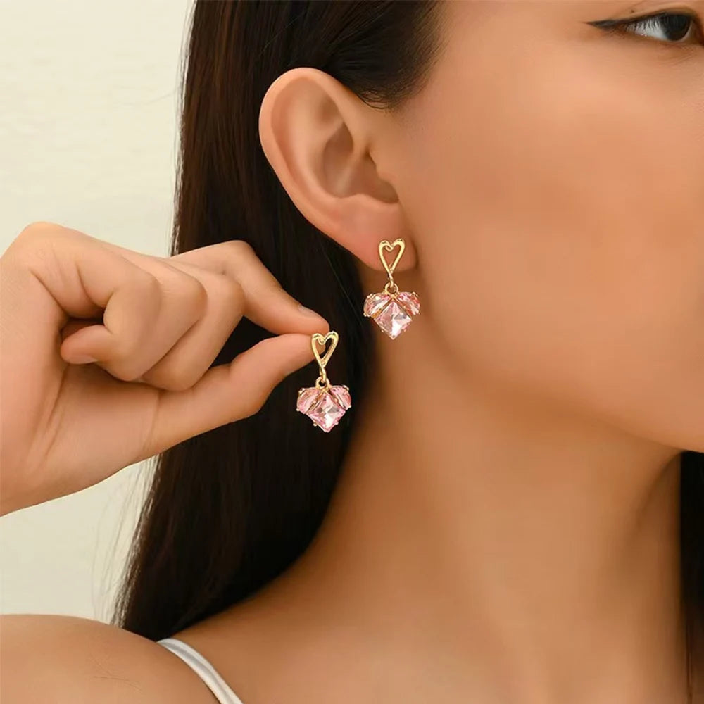3tlg. Trendiges Y2K Herzförmiges Zirkon Rosa Kristall Anhänger Ohrringe Halsketten Set für Frauen Herz Elegant Exquisiter Party Schmuck