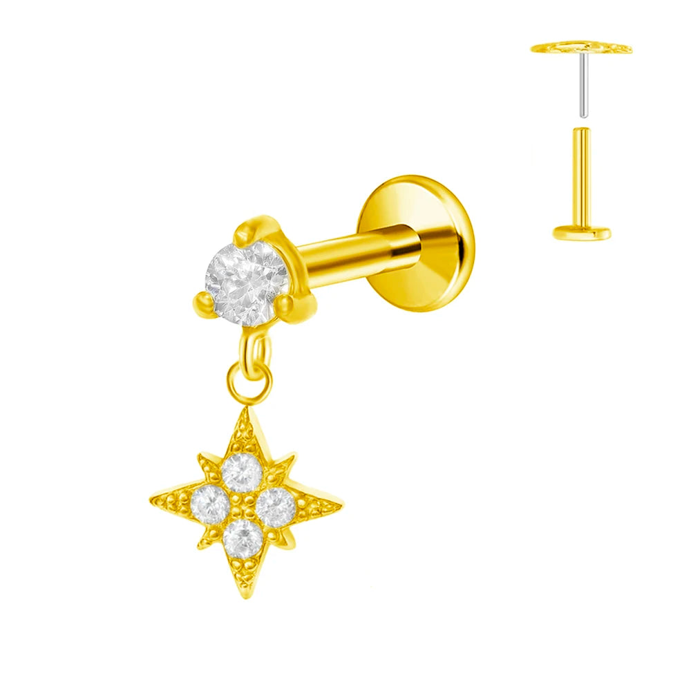 ASTM F136 G23 Titan Blumen Mond Stern Labret Piercing Push In Ohrringe Tragus Threadless Flat Back Piercing Körperschmuck