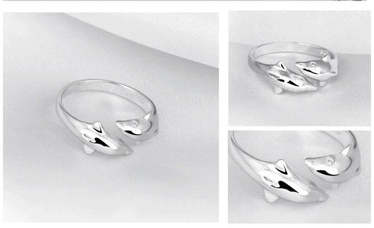 925 Sterling Silber Schmuck Offener Happy Doppel-Delfin-Liebesring für Frauen, Partygeschenk, Verstellbarer Ring, Anillos, Bague
