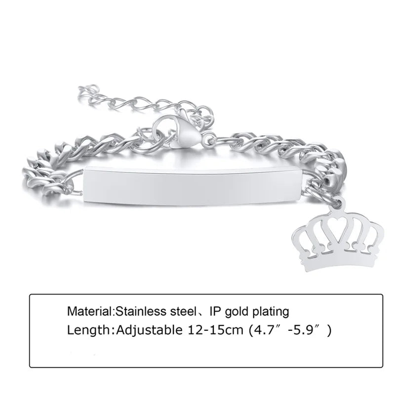 Individuelles personalisiertes Namens-ID-Armband für Mädchen und Jungen, Edelstahl-Gliederketten-Kronenarmband, nicht allergisch