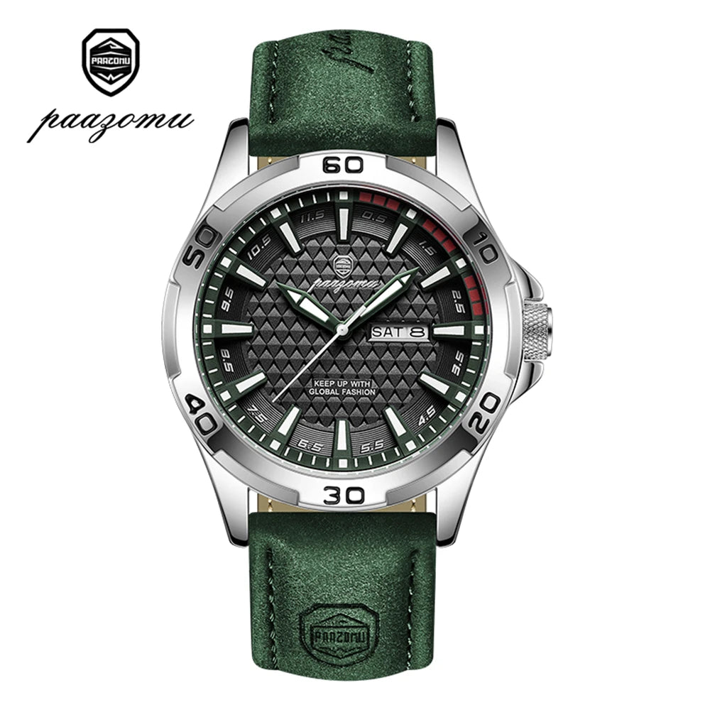 PAAZOMU Reloj de pulsera original para hombre, de lujo, resistente al agua, luminoso, con fecha y semana, de cuarzo deportivo, de cuero, para hombres Reloj