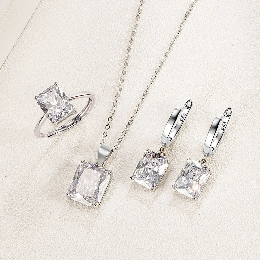 925er Sterlingsilber Elegante Schmucksets Ring Ohrringe Halskette für Damen Rechteck Geometrie Zirkon Hochzeit Accessoires