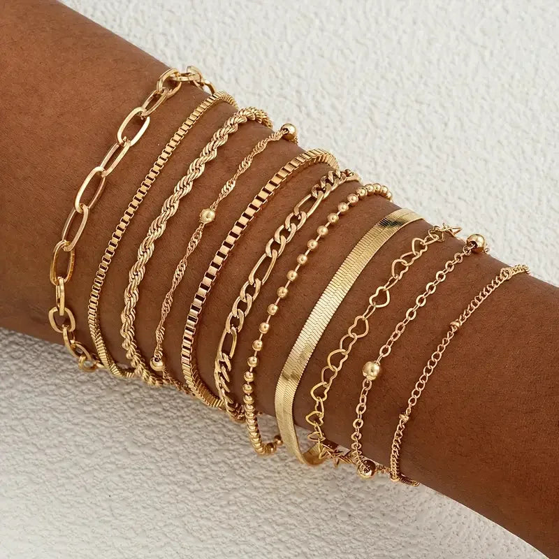 11tlg. schickes Schlangenketten-Armband-Set für Damen Boho schlicht elegant Herz geometrische Kette Urlaub Date Freizeit Schmuck Geschenke 2025