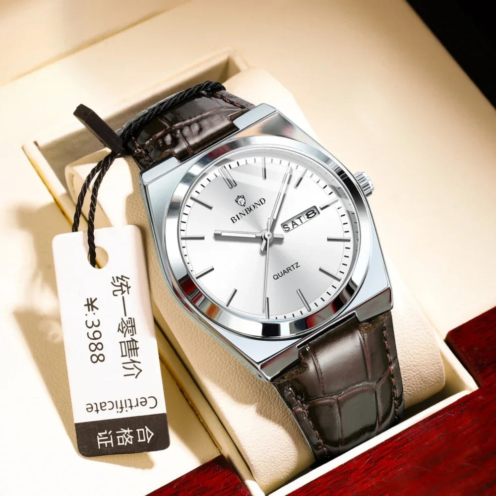 Nuevo reloj de pulsera de cuero para hombre, de lujo, informal, de negocios, con esfera dorada, automático, a la moda, de cuarzo, regalos, Reloj Hombre