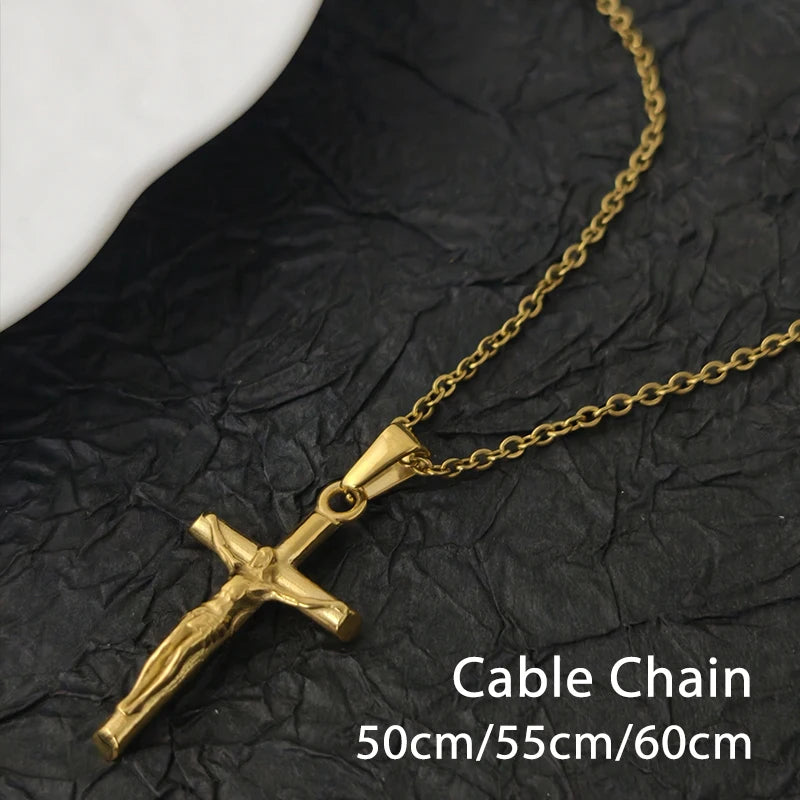 Clásico collar con cruz de Jesús, chapado en oro de 18 quilates, de acero inoxidable, joyería religiosa pulida y duradera para hombres, mujeres y cristianos