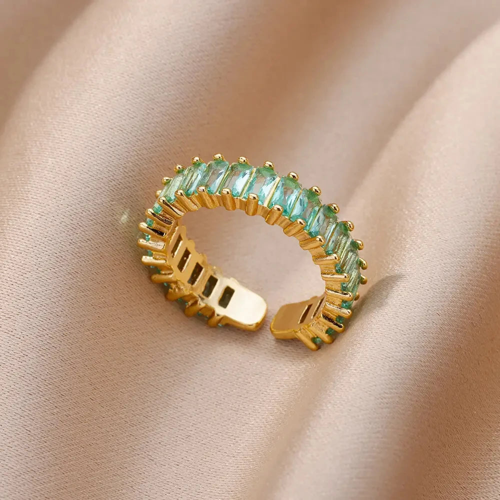 Bunter Zirkonia-Ring für Damen, Edelstahl, goldfarben, offener Ring, Vintage-Boho-Hochzeitsfeier-Schmuck, Geschenk-Accessoires