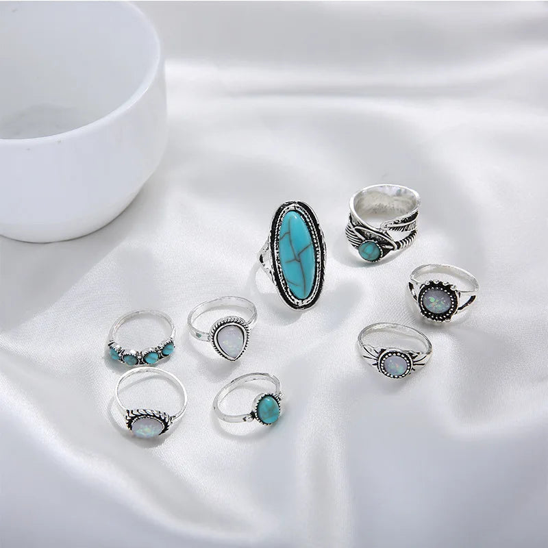 8 Stücke/Set Ringe Set Mode Lässig Retro Set Mit Türkis Geschnitztem Federring Set Hochwertiger Schmuck