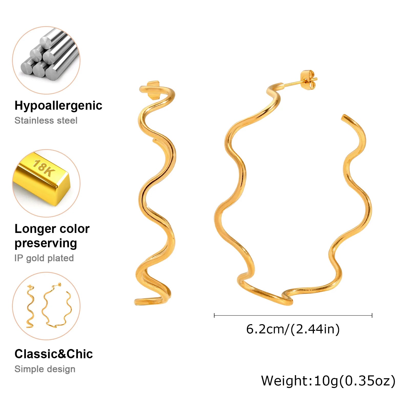 Offene Creolen für Damen, minimalistische 18K vergoldete große Ohrringe Wellenform Big Hoops, Edelstahlschmuck