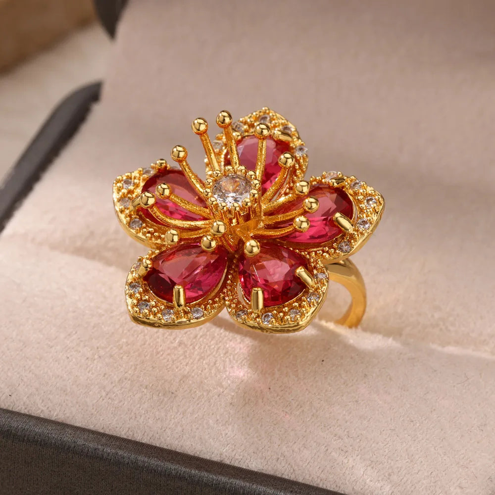 Edelstahl Blume Große Offene Ringe Für Frauen Gold Farbe Nachahmung Perle Hohlring Trendiger Ästhetischer Schmuck Geschenke