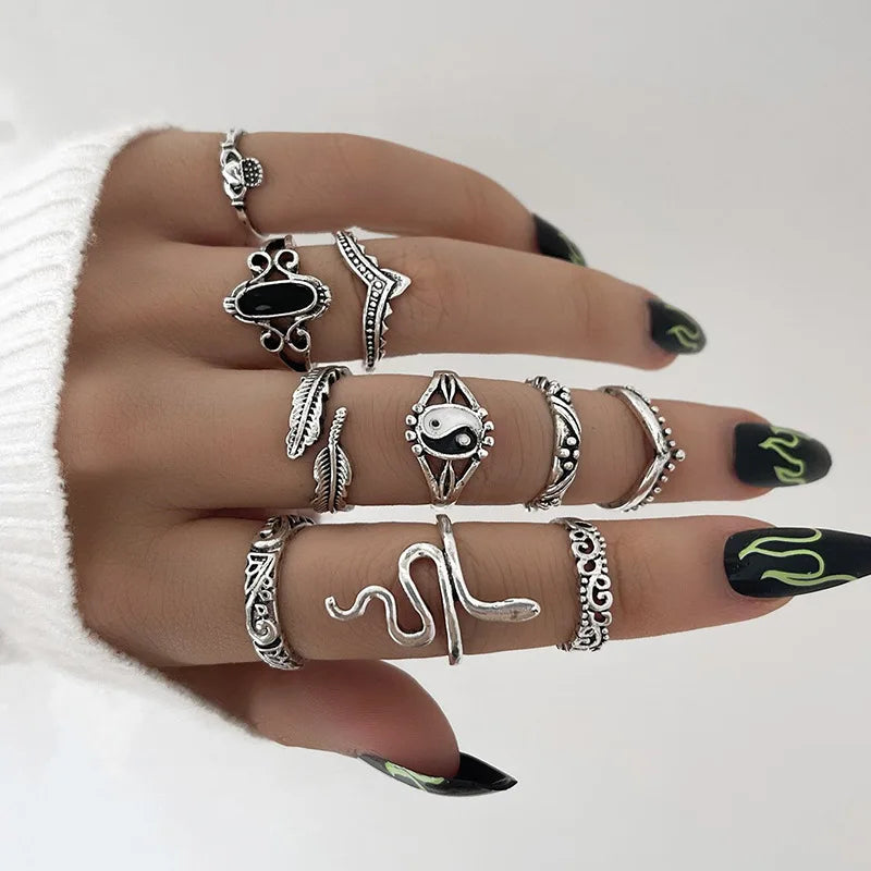 Anillo de elementos múltiples de metal estilo Punk vintage para mujer y hombre, anillos de dedo de calavera de serpiente mariposa de Color plata antigua, joyería gótica