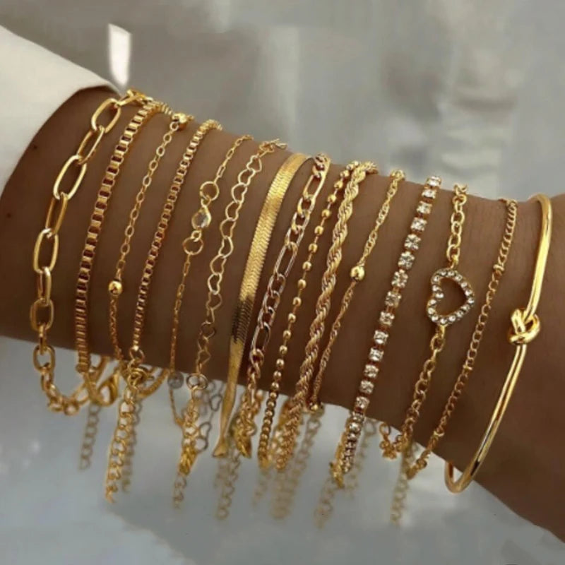 13-teiliges Edelstahl-Armband-Set für Damen, Silber Gold Farbe Multi-Style-Kombinationskette, Wasserdichter exquisiter Schmuck Geschenk
