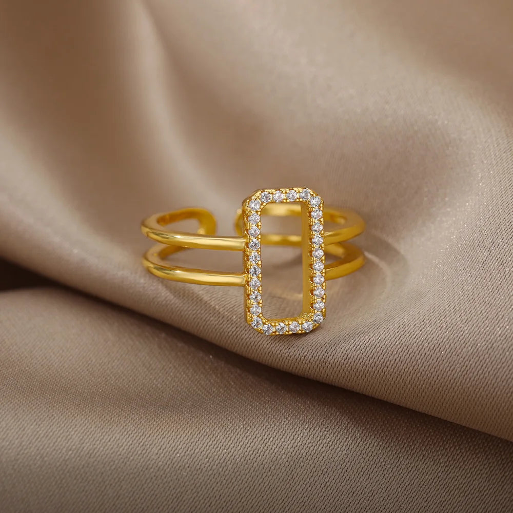 Zirkon-Ketten-Kreuzringe für Damen Vintage Goldfarbe Edelstahl Geometrischer offener Ring Mode Hochzeit Ästhetischer Schmuck Geschenk