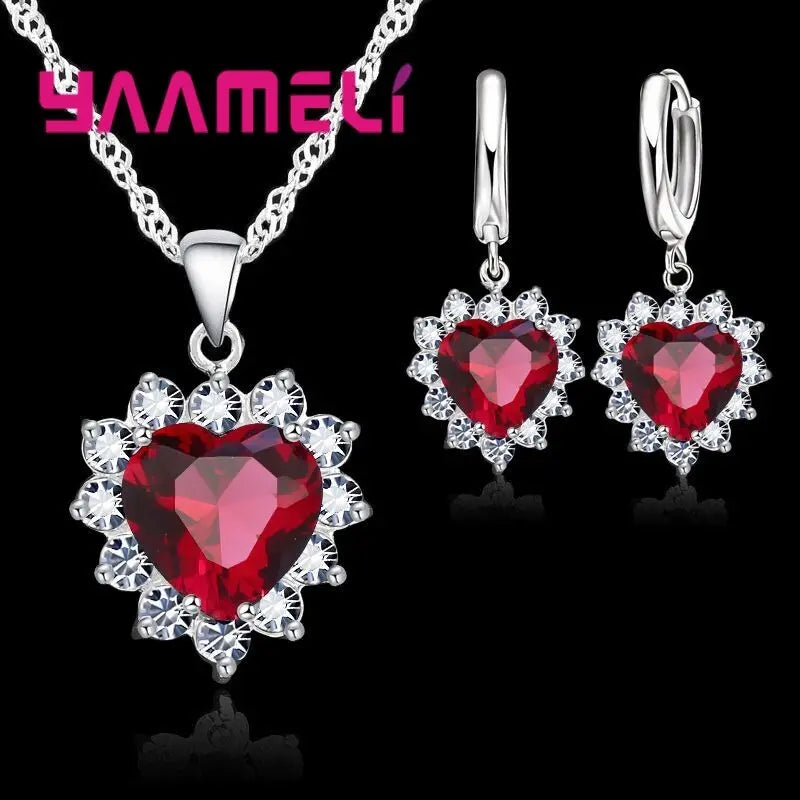 Trendiges 925 Sterling Silber Schmuckset für Damen mit Herz-Zirkonia-Anhänger, Halsketten und Ohrringen – LIEBE Jubiläumsgeschenk