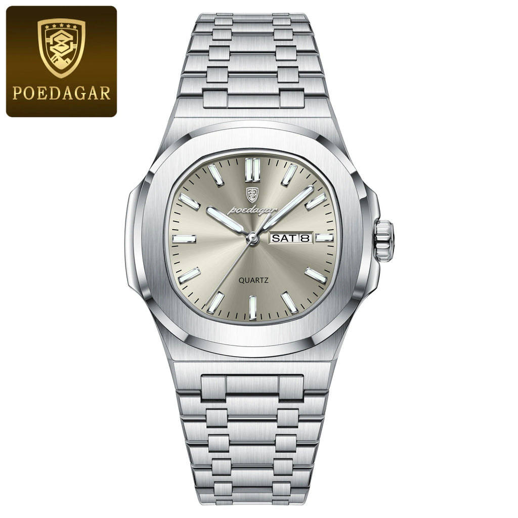 POEDAGAR Reloj de Pulsera Casual de Moda para Hombres Fecha y Día Acero Inoxidable Reloj de Hombre Luminoso Impermeable Lujo Cuarzo Relojes de Hombre+Caja