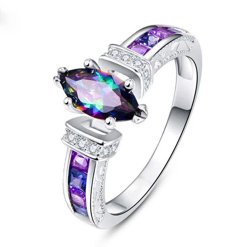 Anillos de fiesta de moda de plata de ley 925 con circonita cúbica púrpura brillante en forma de marquesa y engaste de puntas para mujer, regalo de joyería