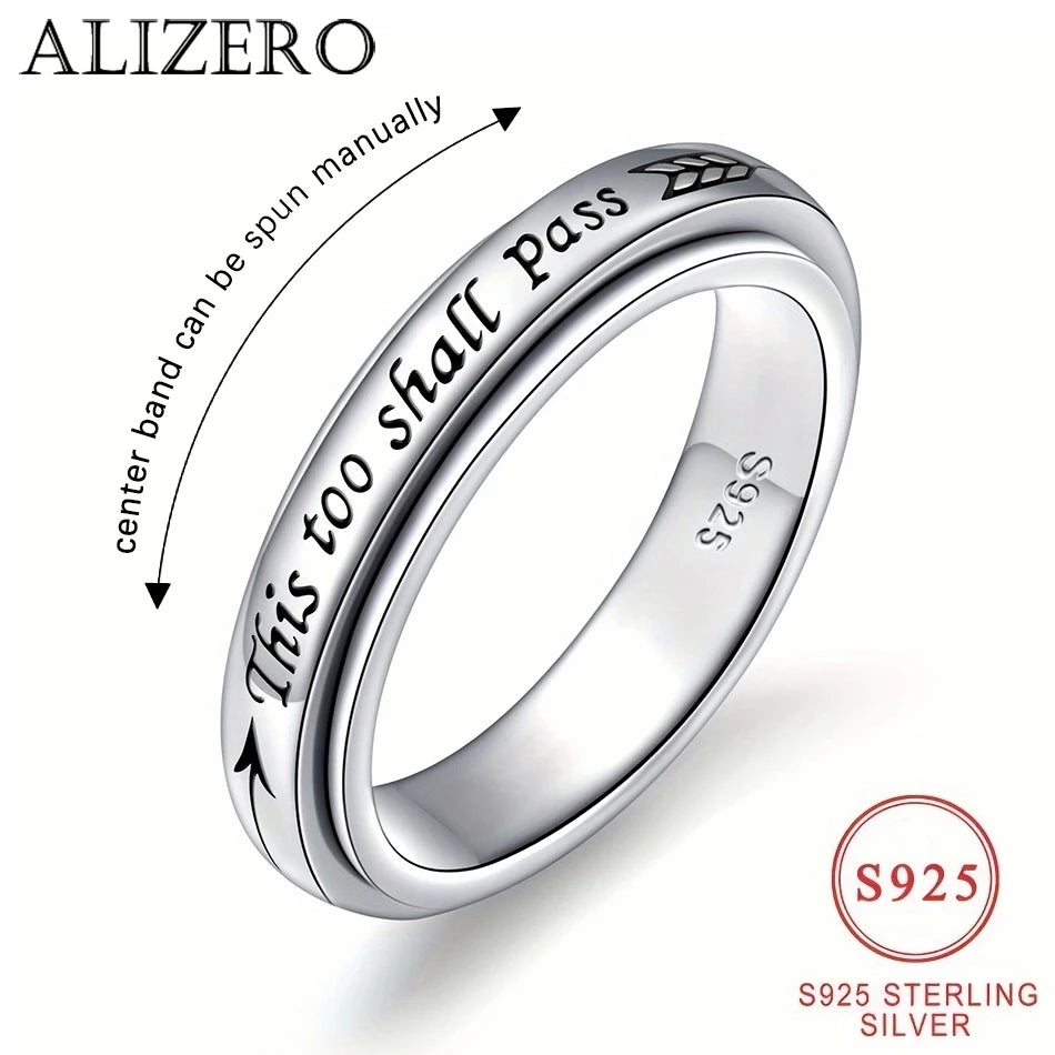925 Sterling Silber Drehring – Zitat „Auch das geht vorüber“, Verstellbar 6-10 US-Größe, Böhmischer Vintage-Stil für Damen und Herren