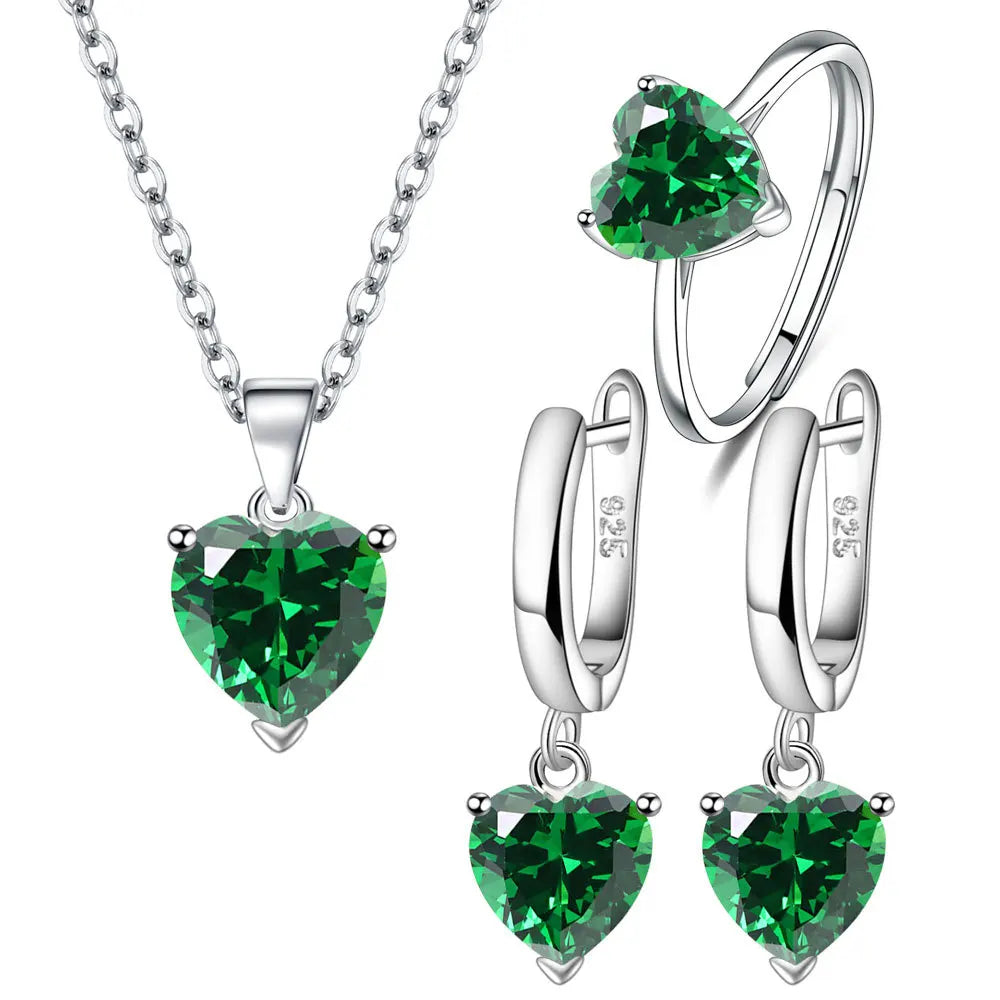 Juegos de joyería de plata 925 con circón en forma de corazón, elegantes, para mujer, pendientes de anillo, collar, accesorios de boda, novia, compromiso
