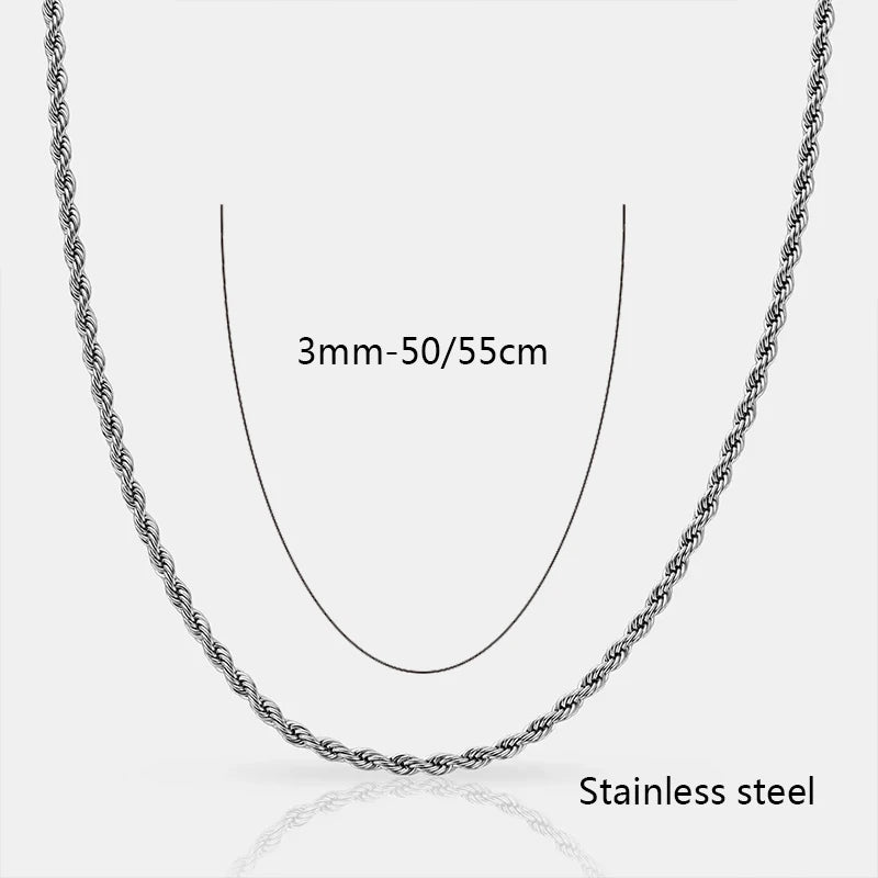 Cadena de cuerda clásica impermeable de 3 mm de acero inoxidable chapado en oro de 18 quilates para hombre y mujer, accesorios de joyería