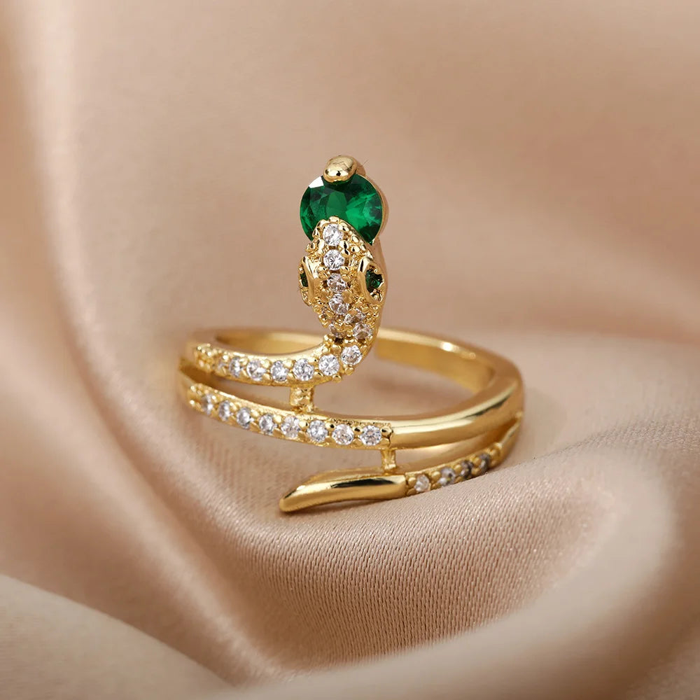 Edelstahl Schlangenringe für Damen Herren Goldfarben Offen Verstellbar Zirkon Ring Vintage Gothic Ästhetischer Schmuck anillos mujer