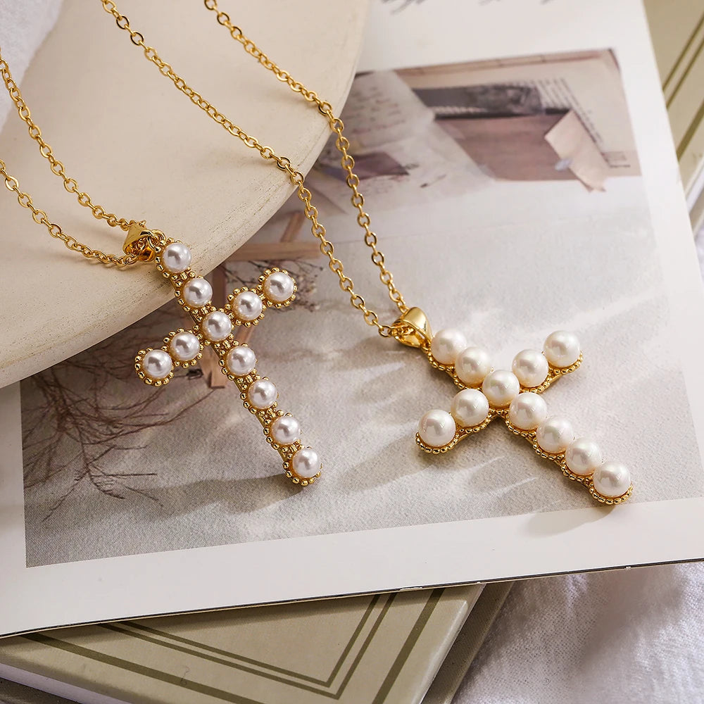 NEWBUY Classic Design Cross Pendant Gold Color 316L Stainless Steel Chain Necklace For Women Luxury Pearl Jewelry