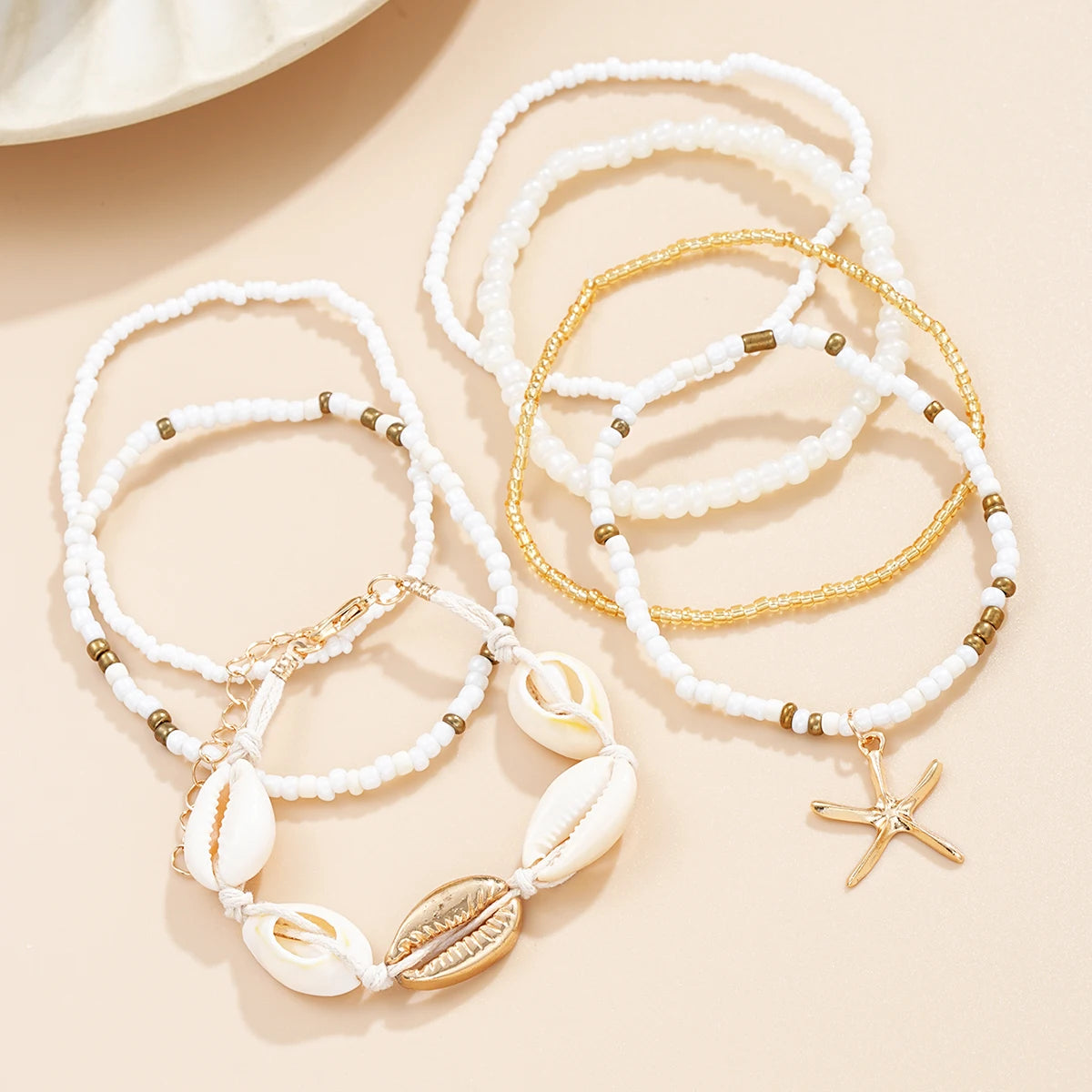7tlg./Set Böhmisches Urlaubs-Muschel-Perlen-Armband, handgewebt, Seestern-Reiskorn-Armband-Set für Damen, Strandparty, Küstenurlaub