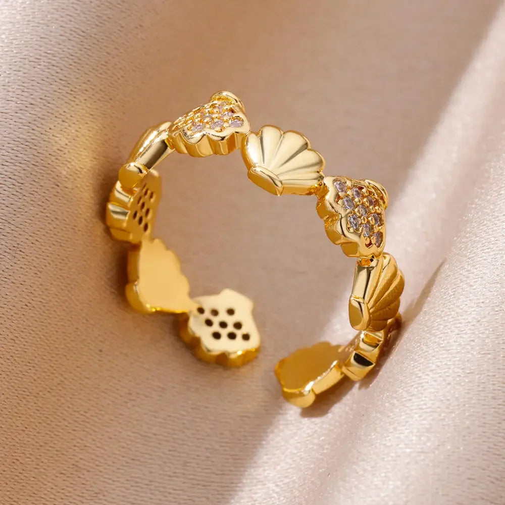 Anillos abiertos de acero inoxidable con conchas de estrellas de mar para mujer, anillo de dedo de color dorado a la moda, joyería de océano para vacaciones de verano en la playa