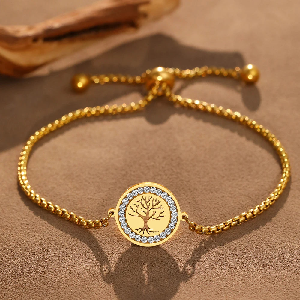 DOTIFI Edelstahl Armbänder Exquisites Lebensbaum Kristall Anhänger Kette Trendiges Armband Für Frauen Schmuck Nicht verblassend