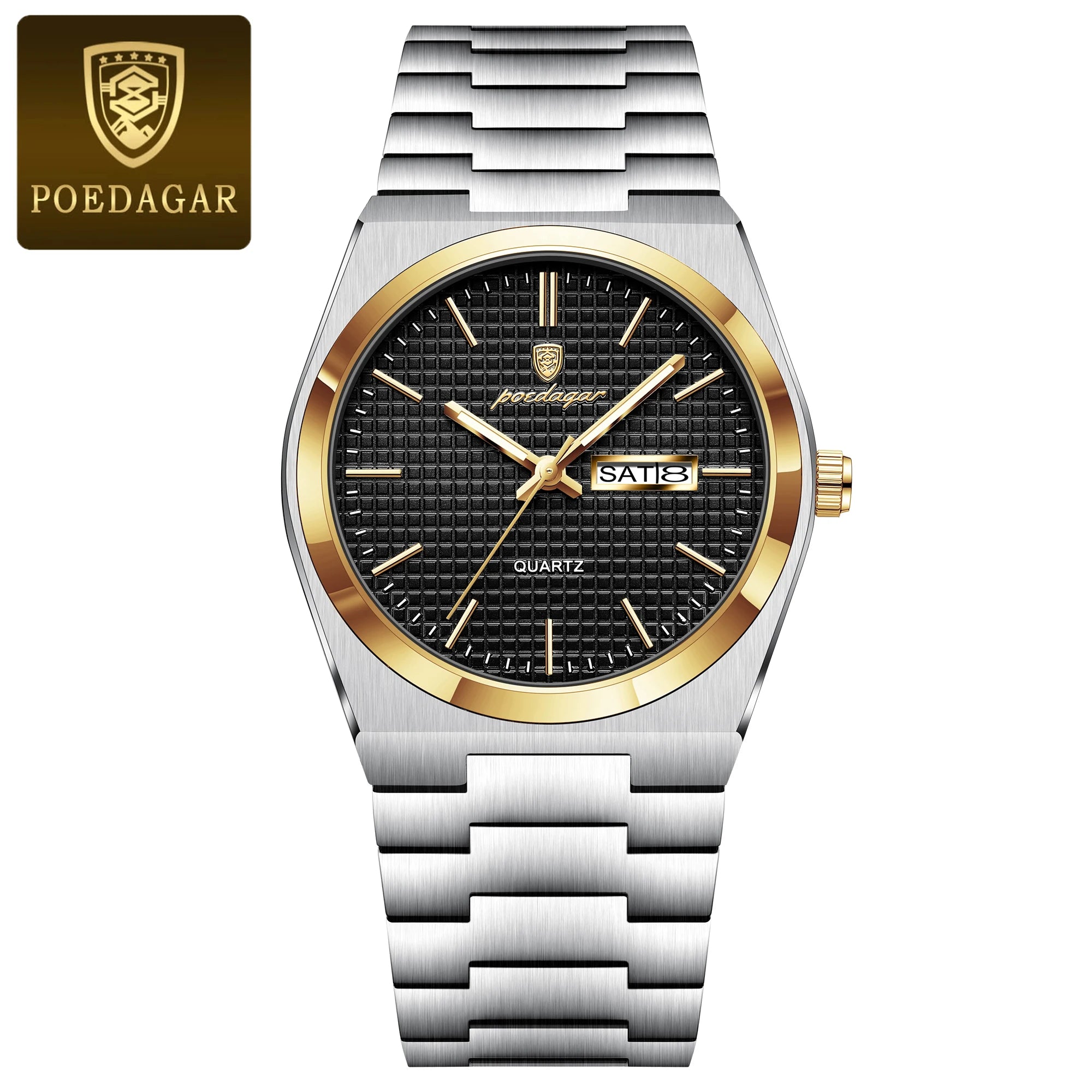 POEDAGAR Reloj de Hombre de Negocios de Acero Inoxidable Impermeable Luminoso con Fecha y Semana Reloj de Pulsera de Cuarzo de Moda Casual para Hombres