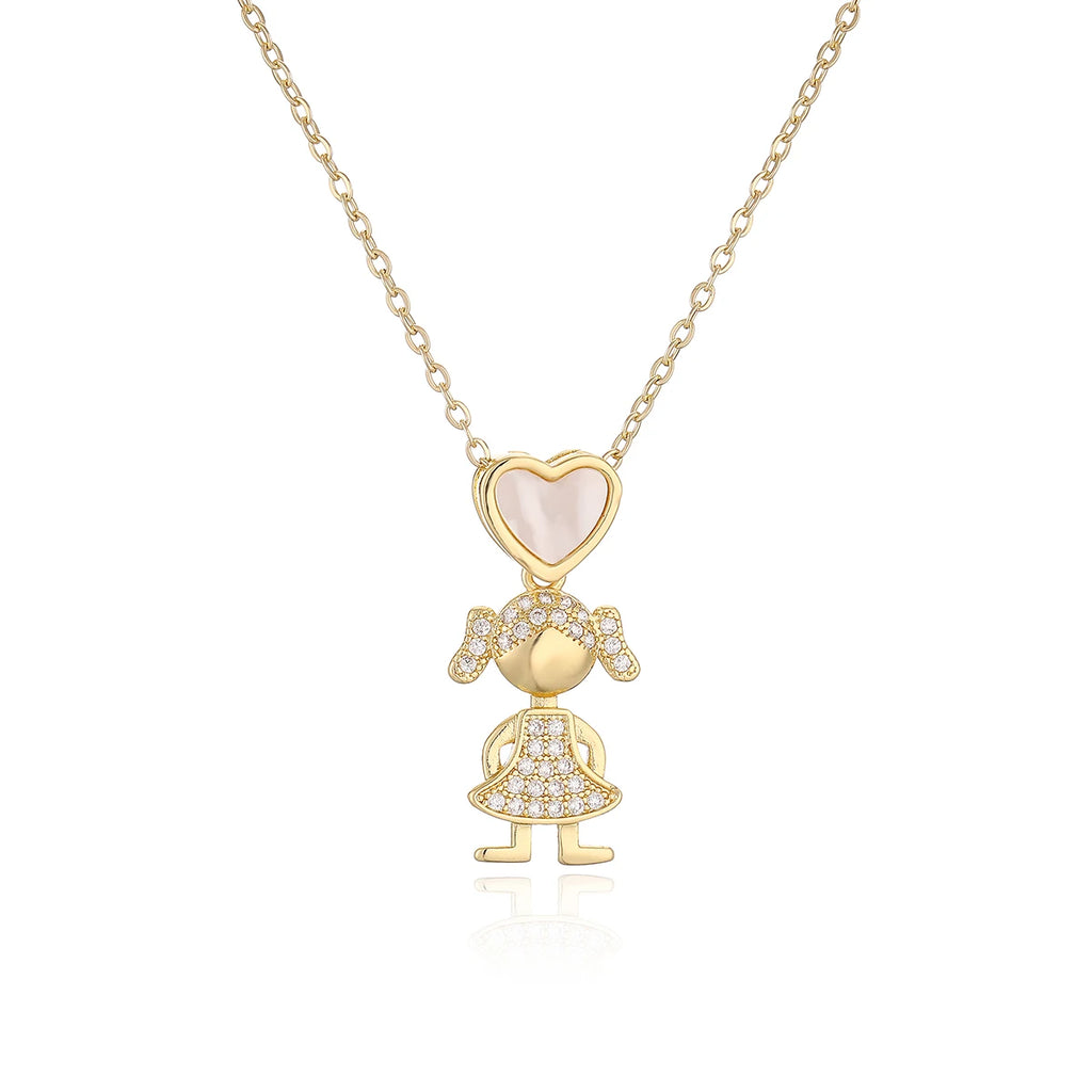 NEWBUY Delicae Gold Color Heart Boy & Girl Pendant Necklaces For Women Shiny CZ Inlay Jewelry Mother's Day Gift
