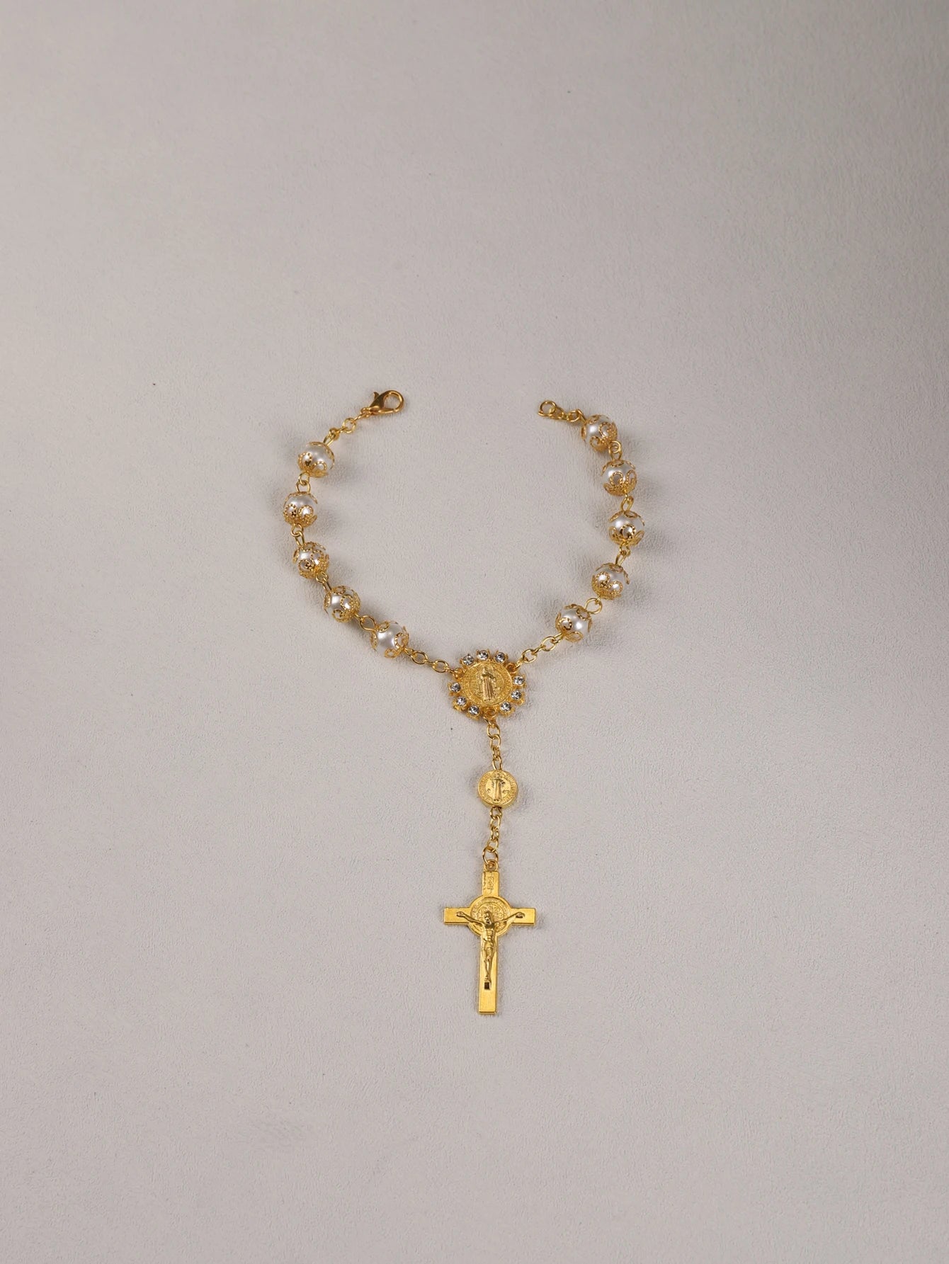 Rosenkranz-Armband mit zehn Perlen, Heiliger Benedikt, Kruzifix, göttliche Barmherzigkeit, Geschenk für Frauen und Männer