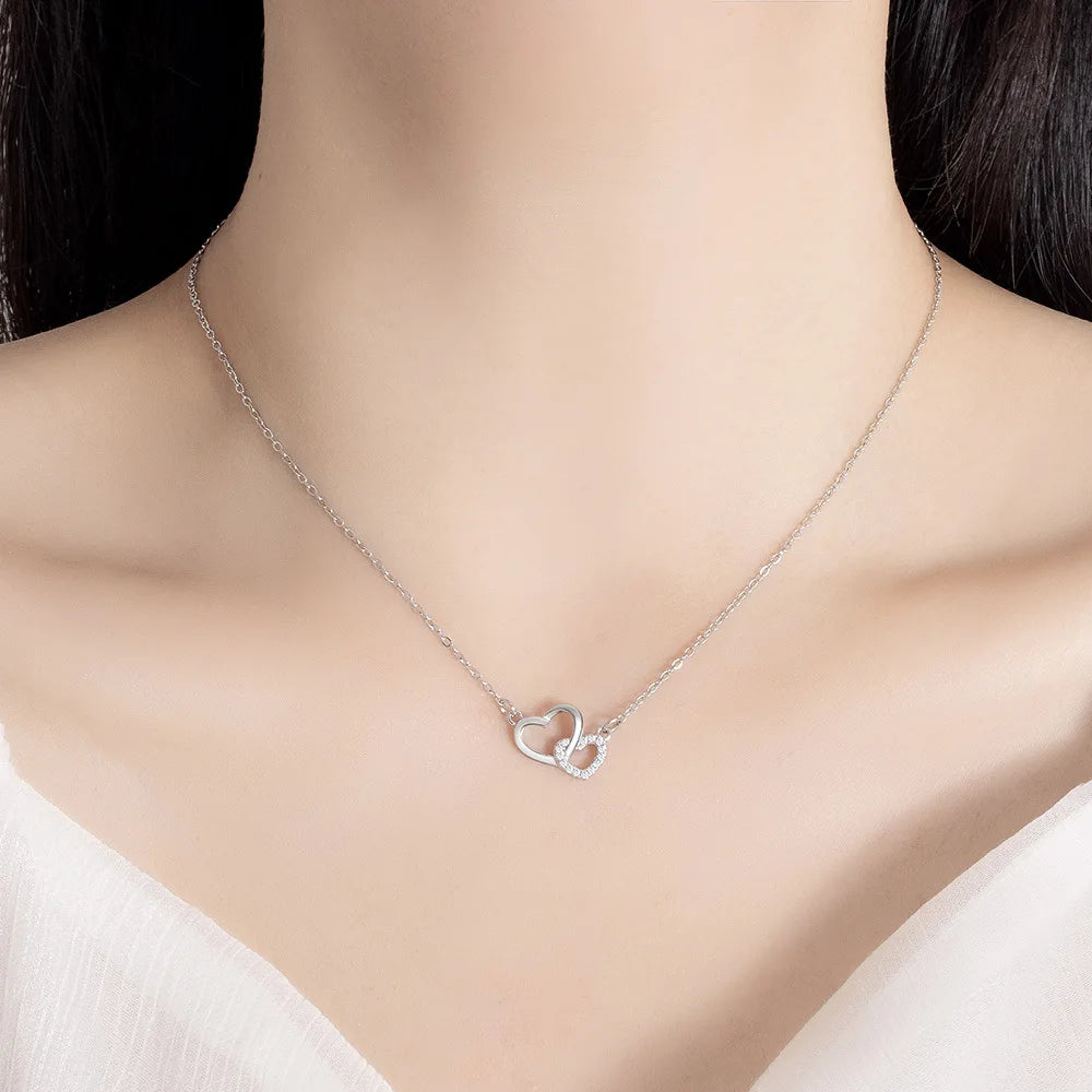 Collares de doble corazón de circonita de plata de ley 925 para mujer, joyería de lujo para boda, accesorios de diseñador, plata 925