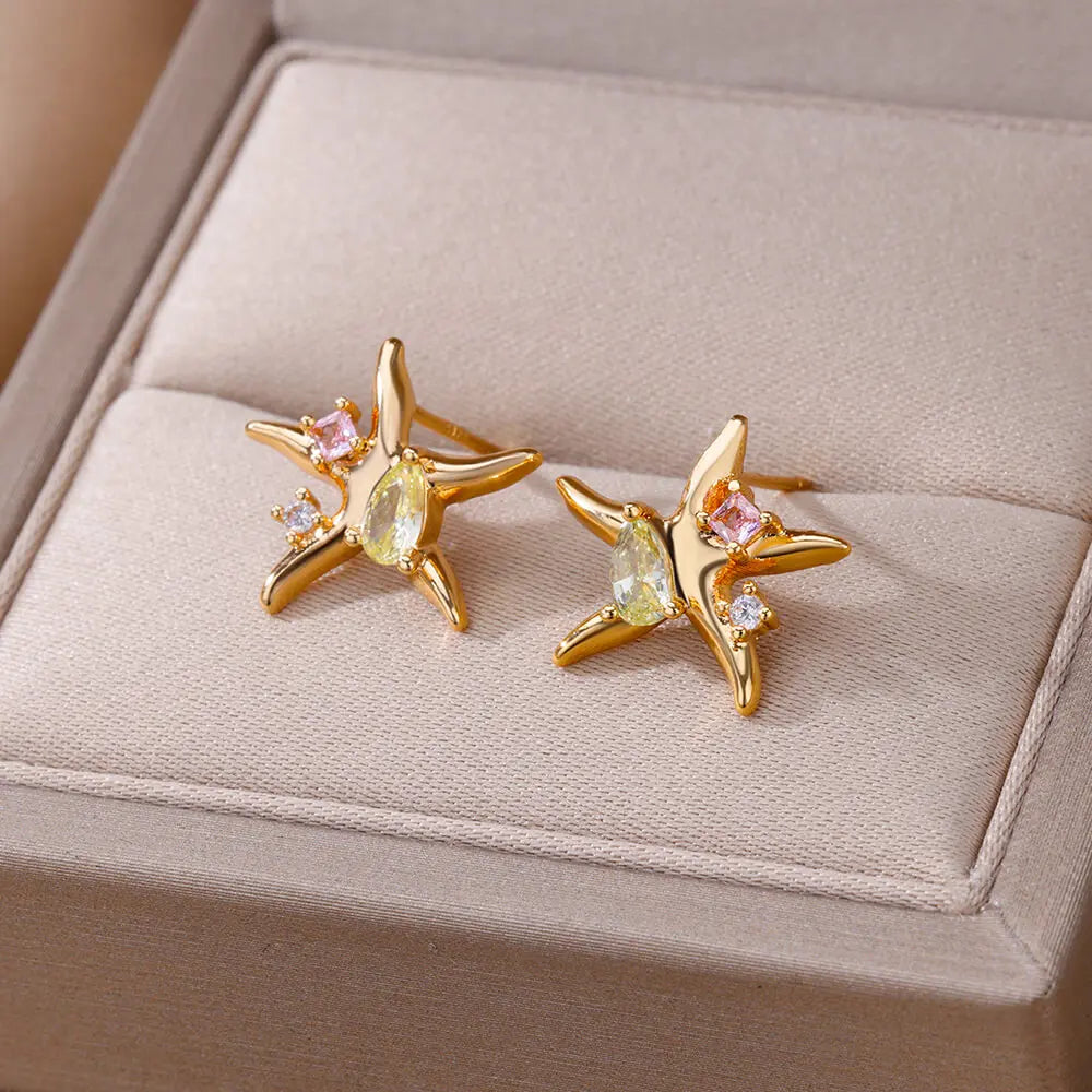 Wassertropfen Zirkon Sterne Ohrstecker für Frauen Edelstahl Gold Farbe Statement Ohrringe 2023 Damen Weihnachts Schmuck Geschenk