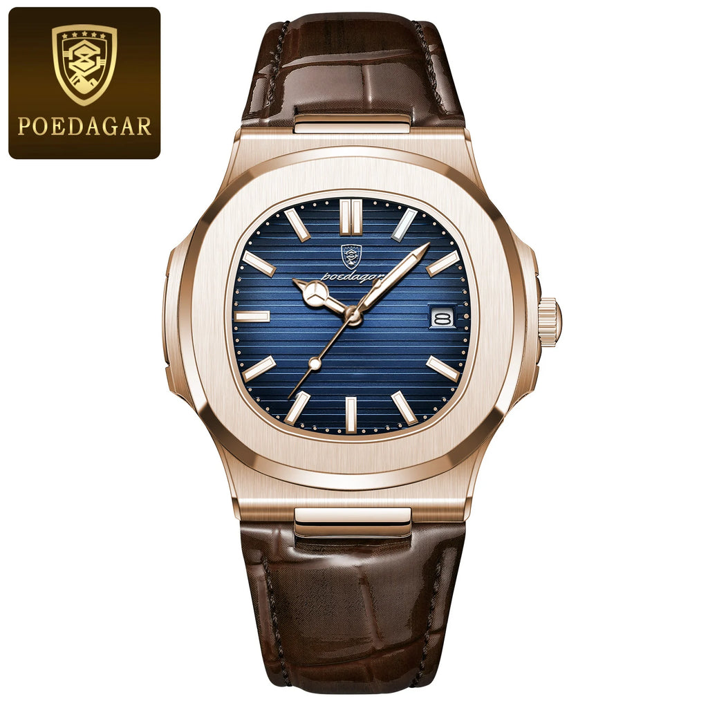 POEDAGAR Reloj de Cuarzo de Cuero para Hombre, a la Moda, Cuadrado, Impermeable, Luminoso, con Fecha, de Negocios, Casual, Reloj de Pulsera para Hombre